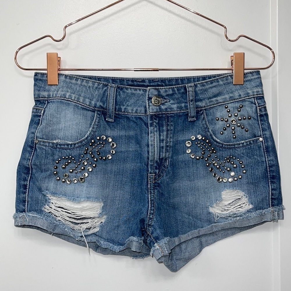 Guess Bedazzled Distressed Jean Shorts Size 26